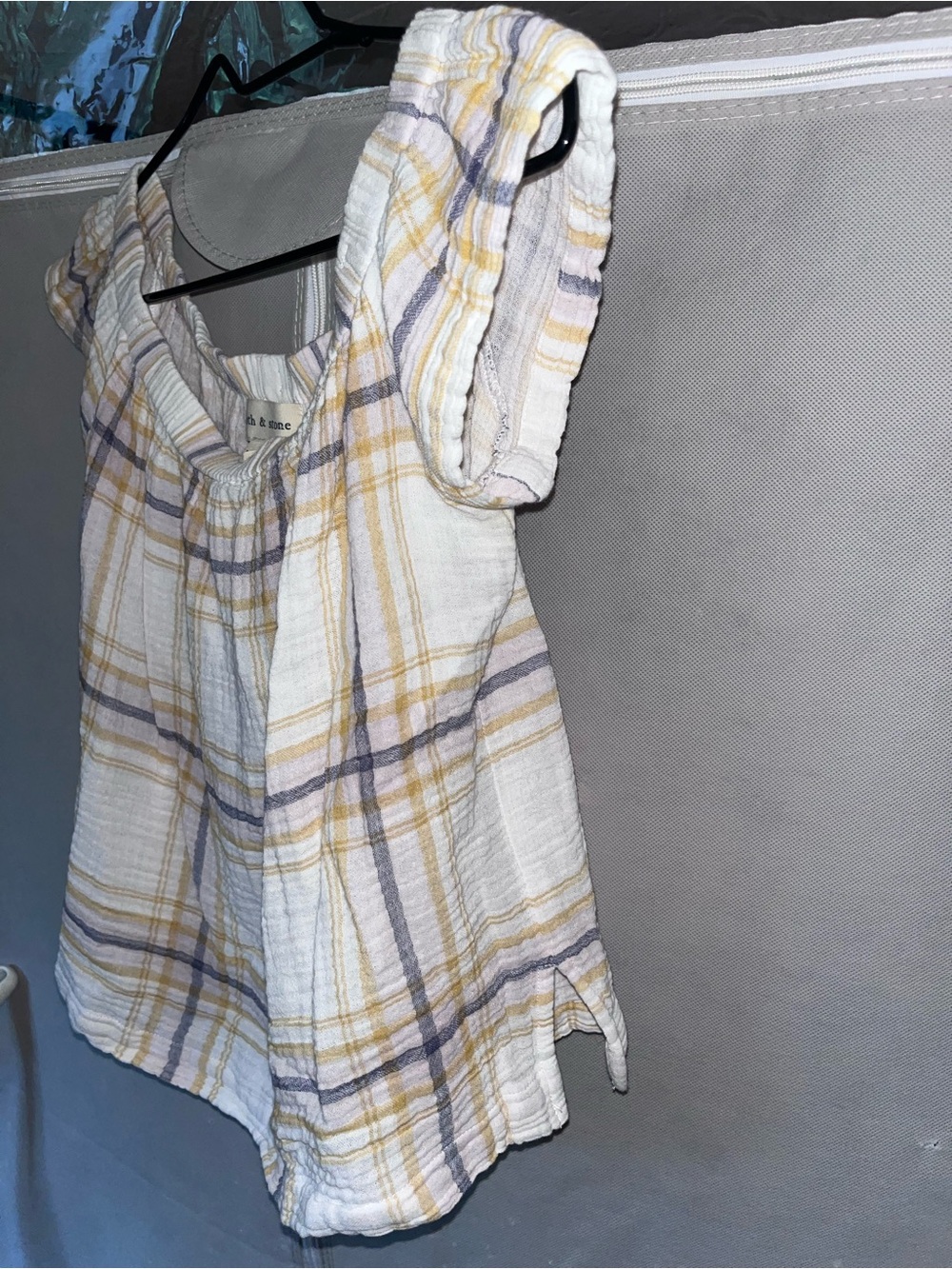 Cloth & Stone Plaid Off The Shoulder Crop Top XS Pastel Textured Gauze Blouse - Picture 5 of 8
